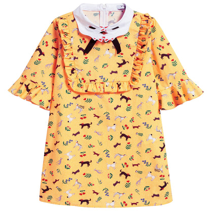 Girls Yellow Hand Collar Cotton Woven Dress