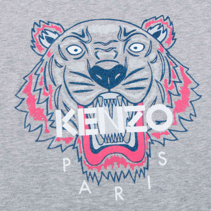 Girls Grey Tiger Printed Cotton T-Shirt
