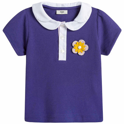 Baby Girls Purple Cotton Polo Shirt With Patch Flowers Trims