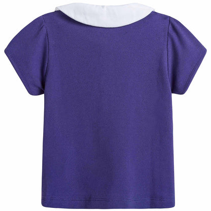 Baby Girls Purple Cotton Polo Shirt With Patch Flowers Trims