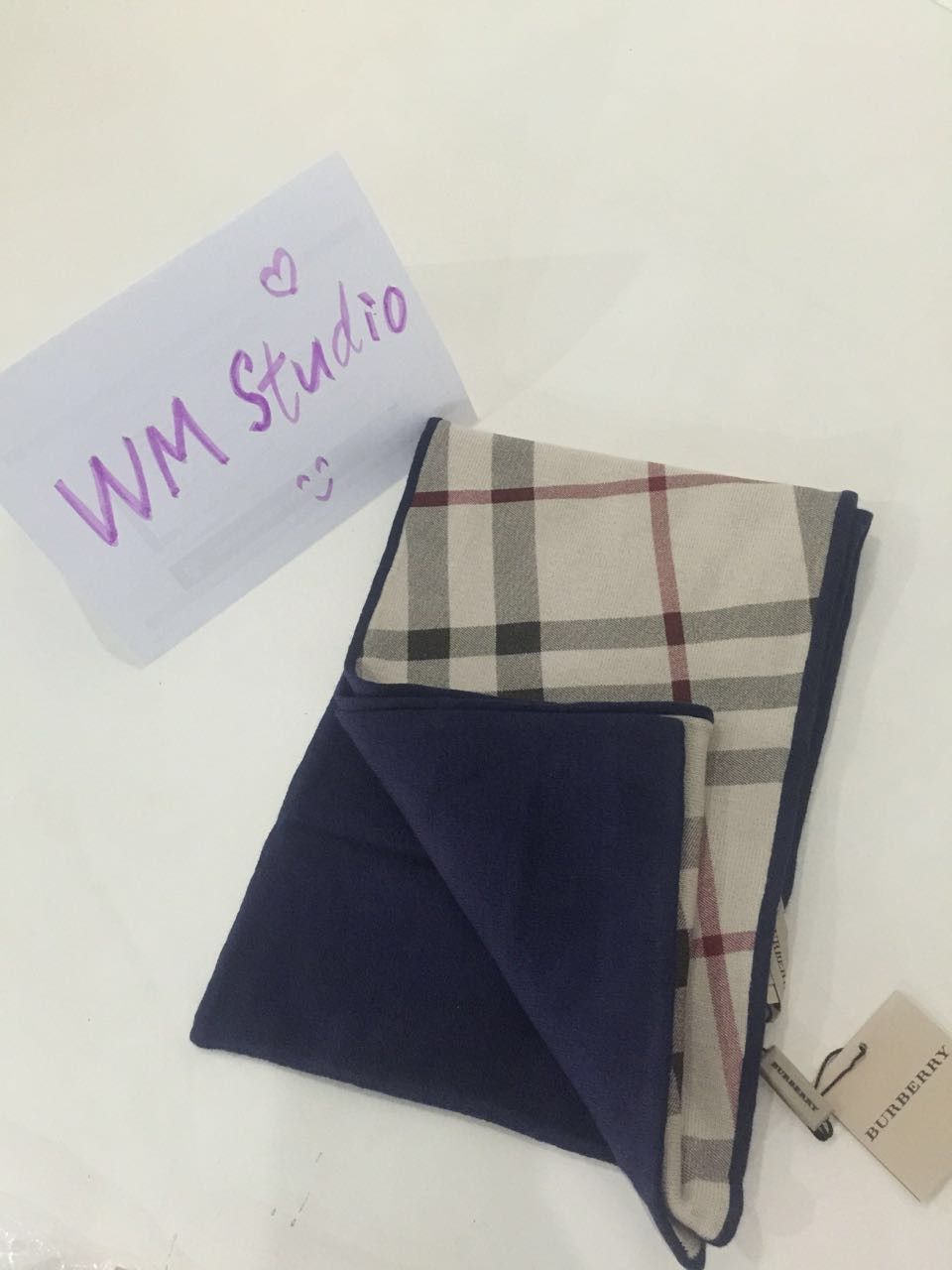 Baby Girls Beige&Navy Blue Check Cotton&Cashmere Scarf