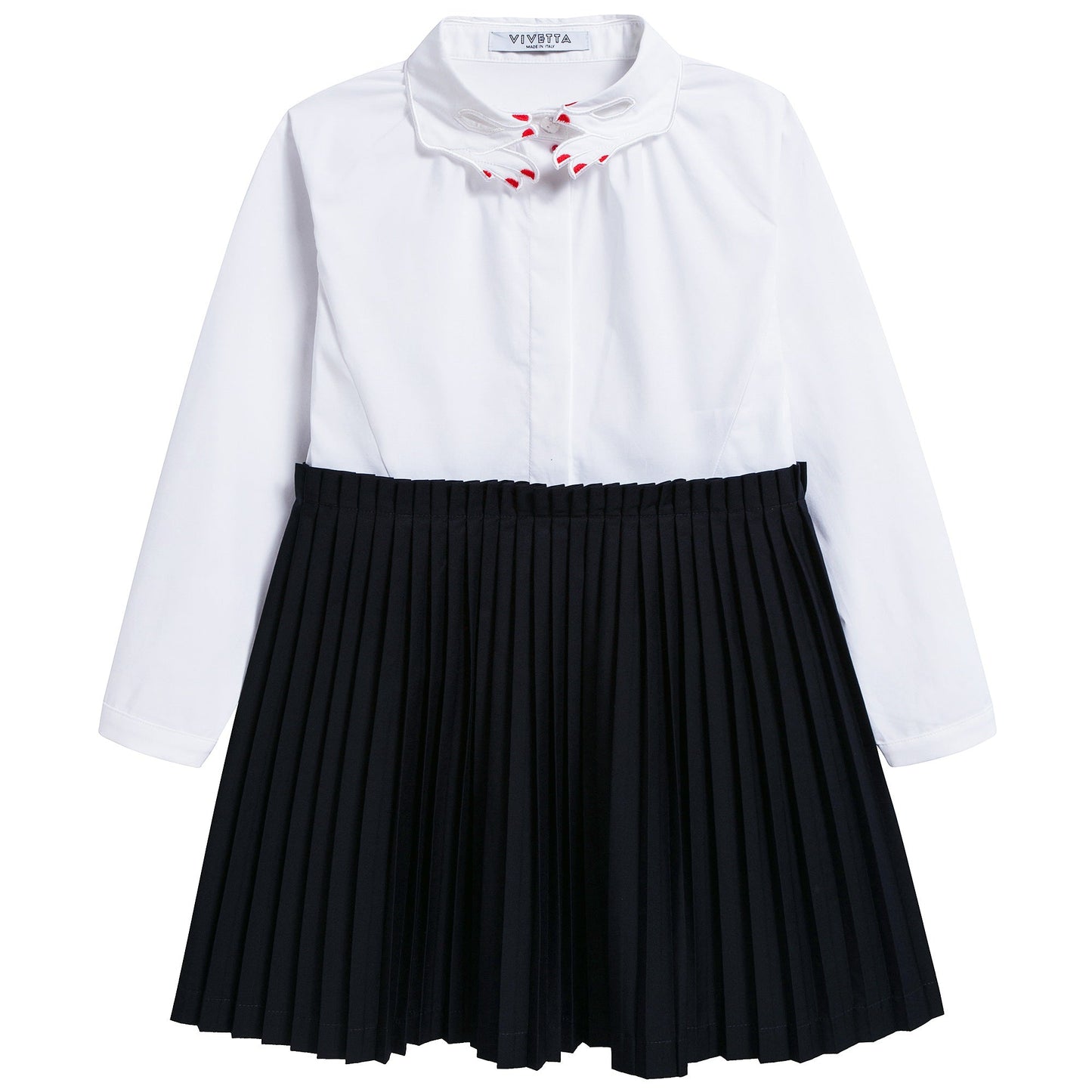 Girls White & Black Pleated And Poplin Cotton Dress