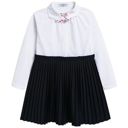 Girls White & Black Pleated And Poplin Cotton Dress