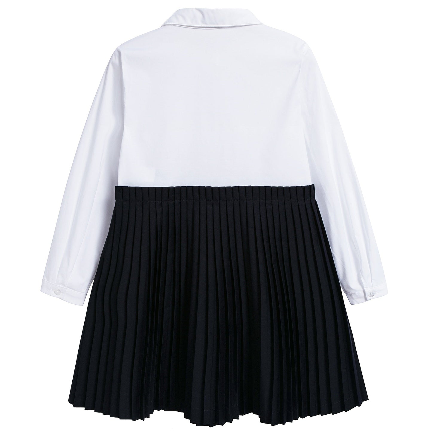 Girls White & Black Pleated And Poplin Cotton Dress