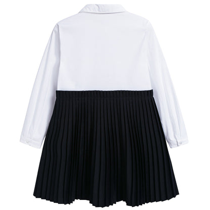 Girls White & Black Pleated And Poplin Cotton Dress