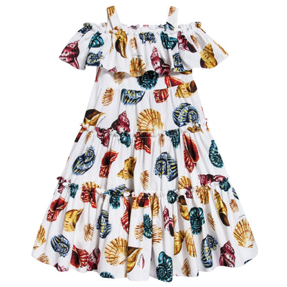 Girls White Shell Printed Cotton Dress