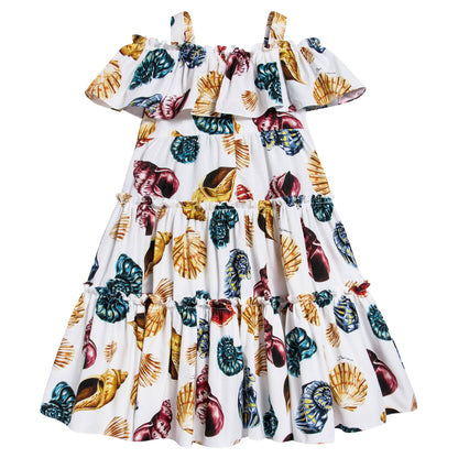 Girls White Shell Printed Cotton Dress