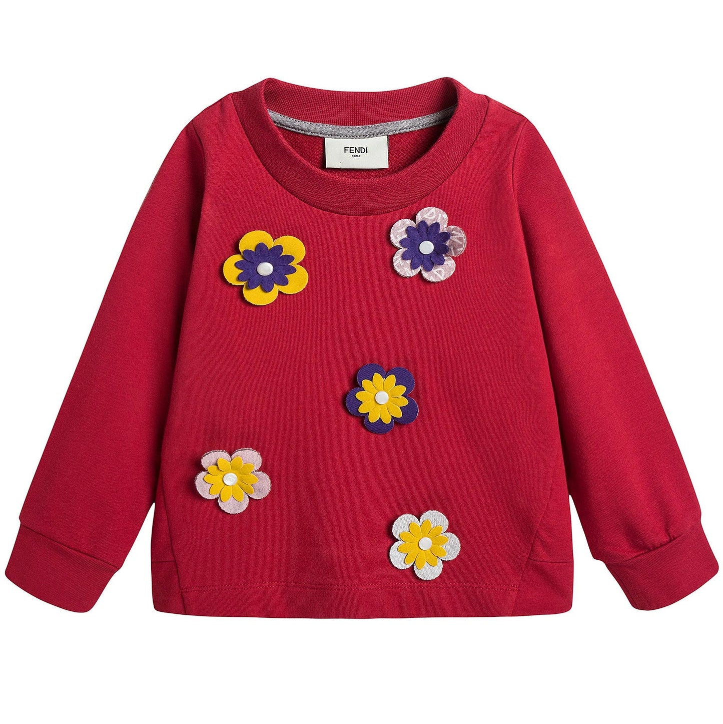 Girls Red Cotton Sweatshirt With Patch Flower Trims