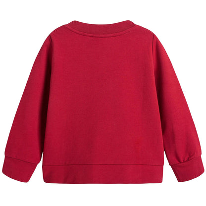 Girls Red Cotton Sweatshirt With Patch Flower Trims