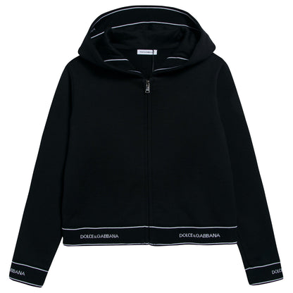 Girls Black Logo Cotton Zip-up Top