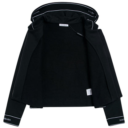 Girls Black Logo Cotton Zip-up Top