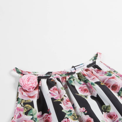 Girls  Pink  &   Black  Striped   Rose  Cotton  Dress