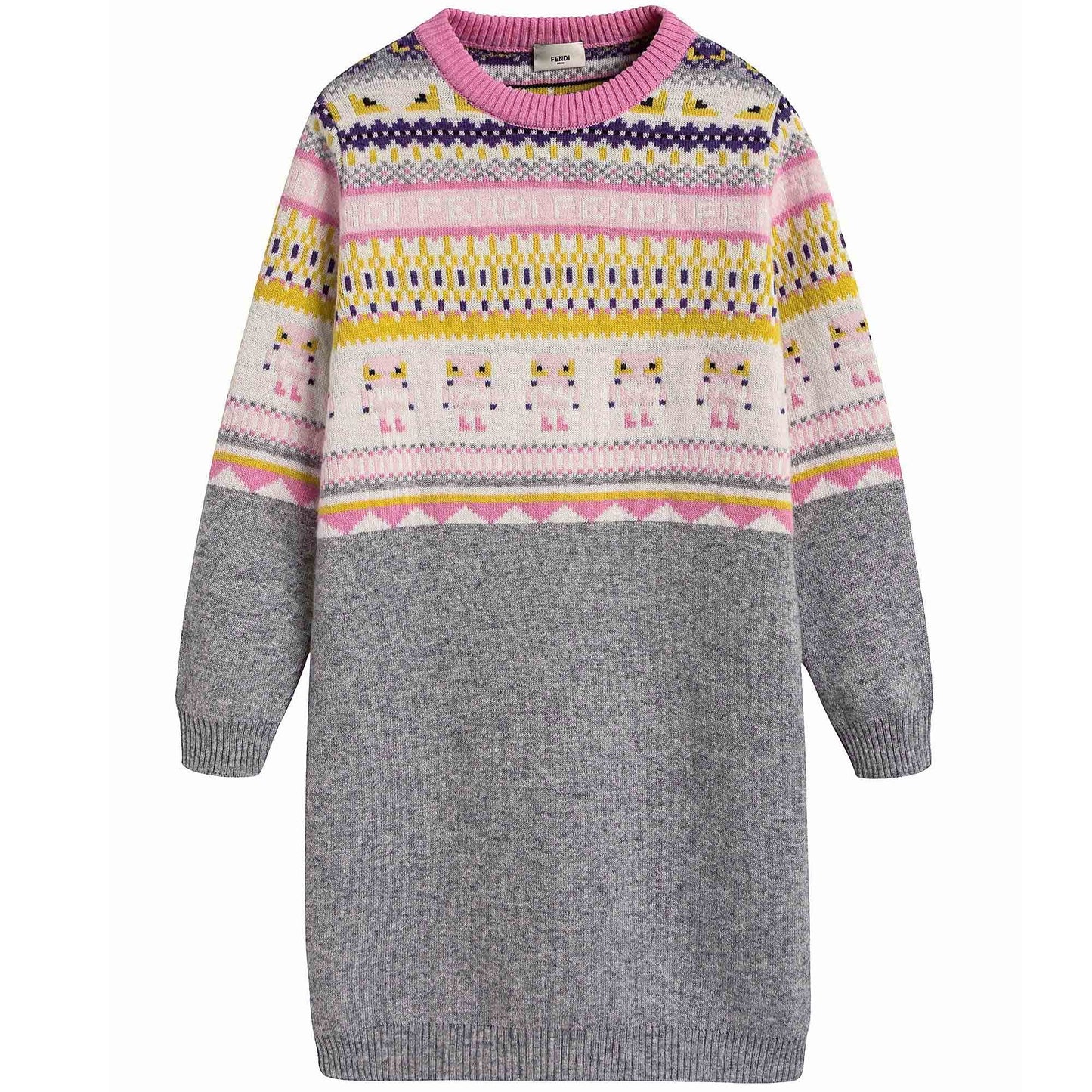 Girls Light Grey Knitted Dress With Multicolor Pattern Trims