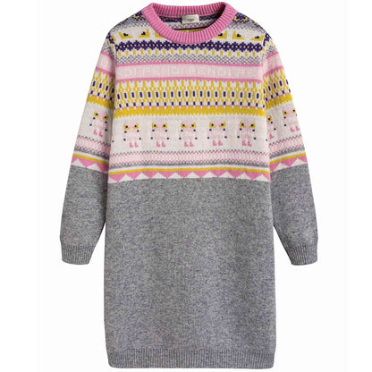 Girls Light Grey Knitted Dress With Multicolor Pattern Trims