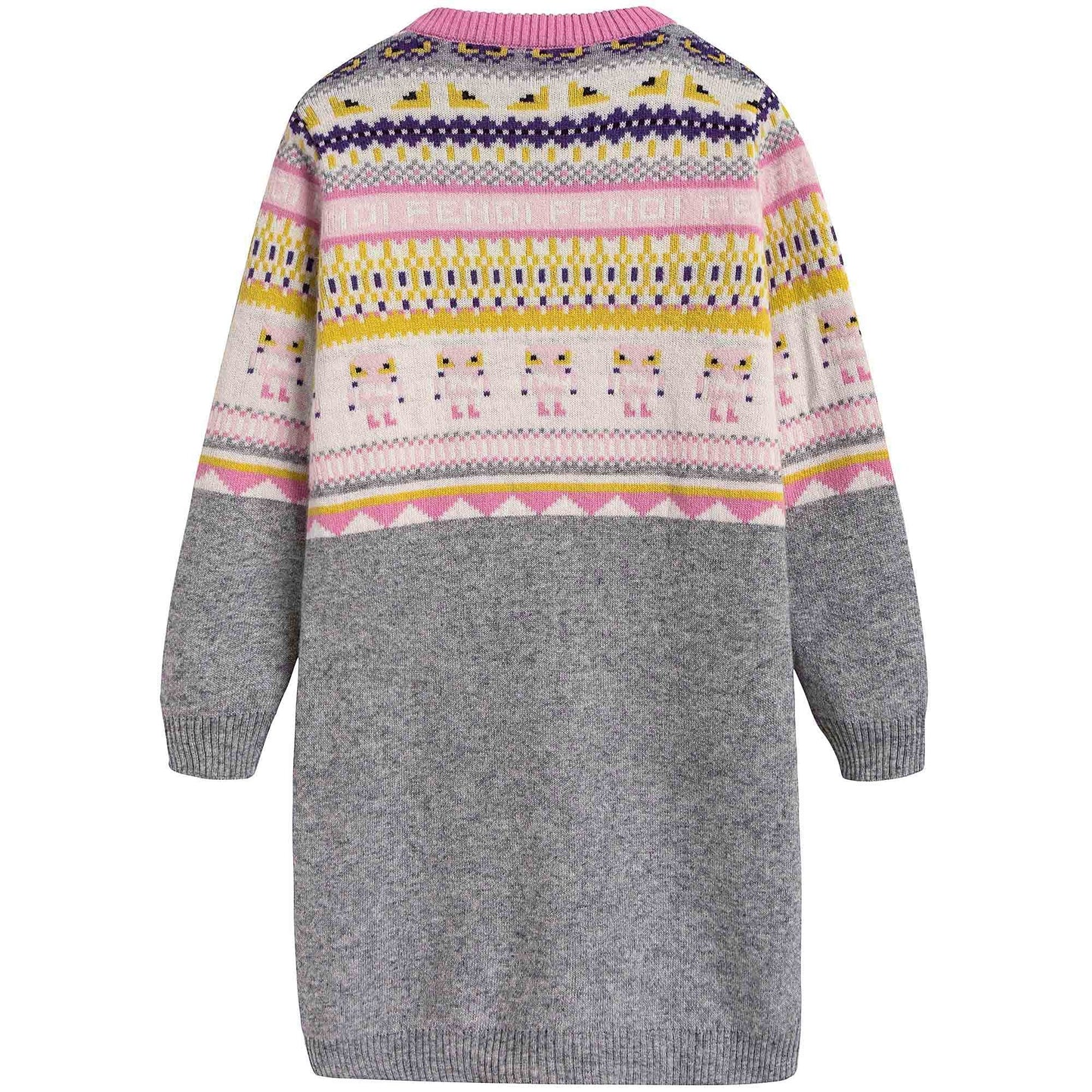 Girls Light Grey Knitted Dress With Multicolor Pattern Trims