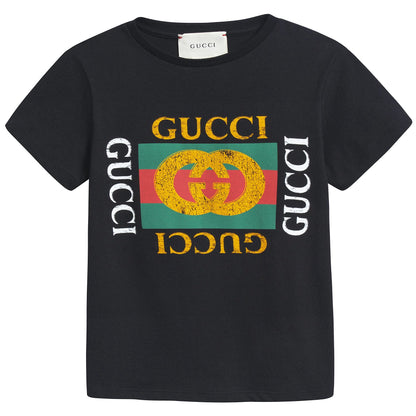 Girls & Boys Black Logo Cotton T-shirt