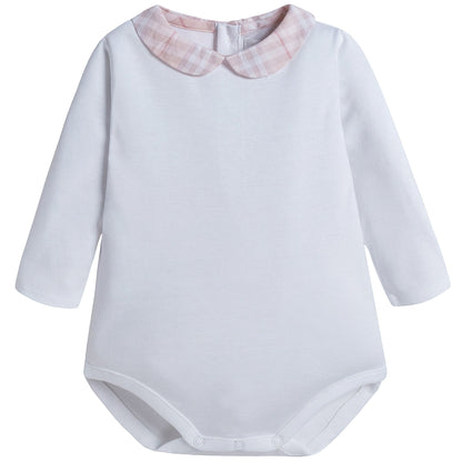 Baby Boys&Baby Girls White With Pink Check Collar Babygrows