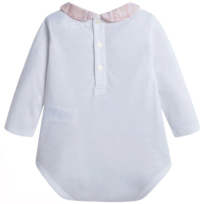 Baby Boys&Baby Girls White With Pink Check Collar Babygrows