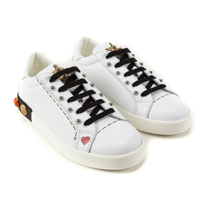 Girls White Leather Trainers With Crown Trim