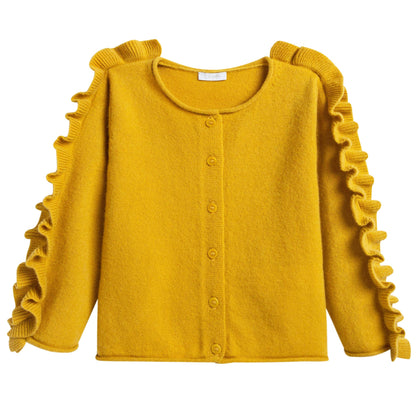 Girls Yellow Knitted Wool Cardigan With Ruffle