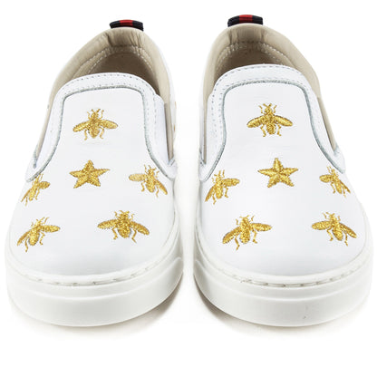 Baby Girls White Bees Embroidered Shoes
