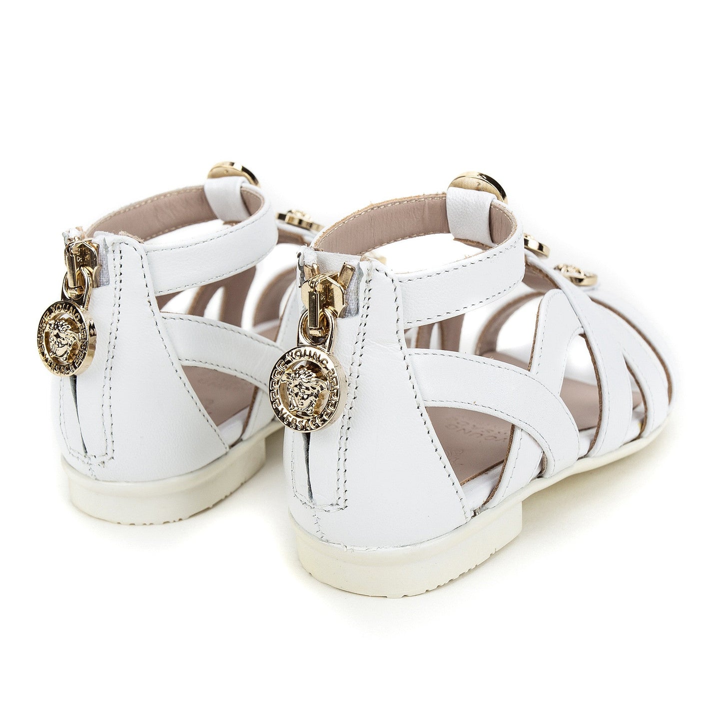 Girls White Sandals With Gold Medusa Logo