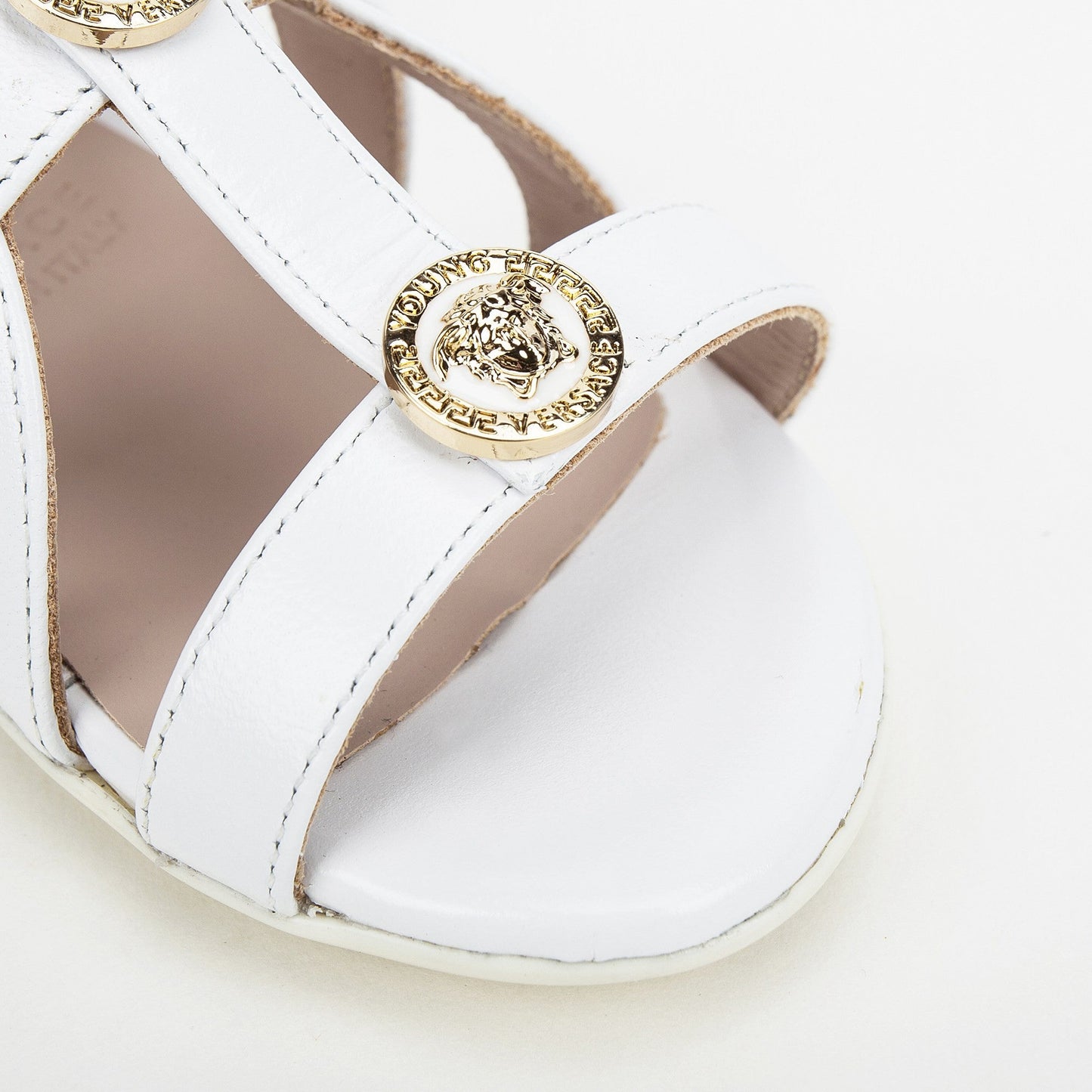 Girls White Sandals With Gold Medusa Logo