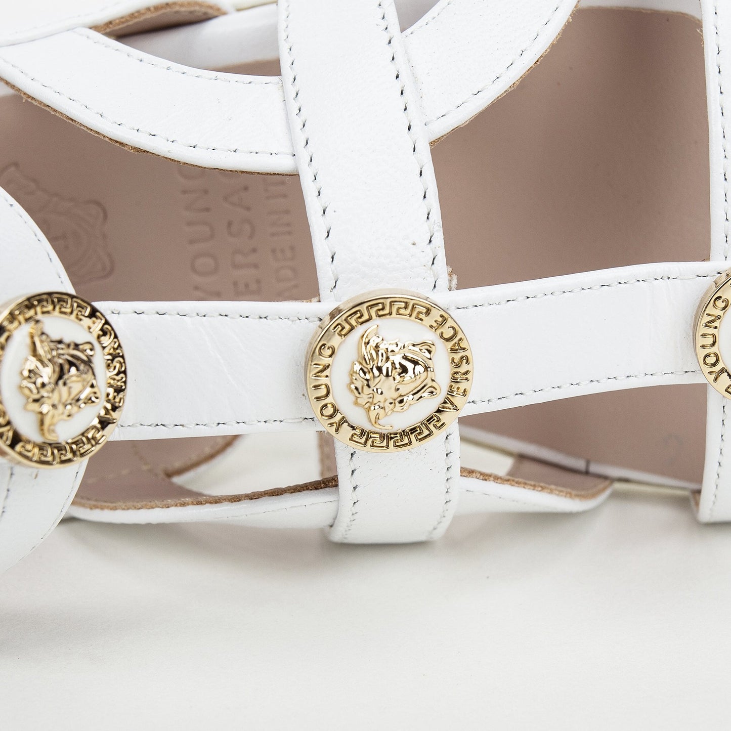Girls White Sandals With Gold Medusa Logo