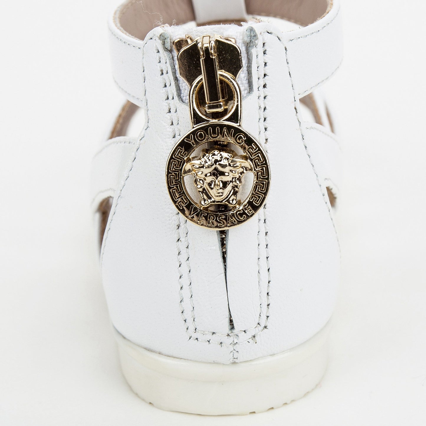 Girls White Sandals With Gold Medusa Logo