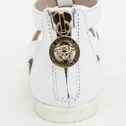 Girls White Sandals With Gold Medusa Logo