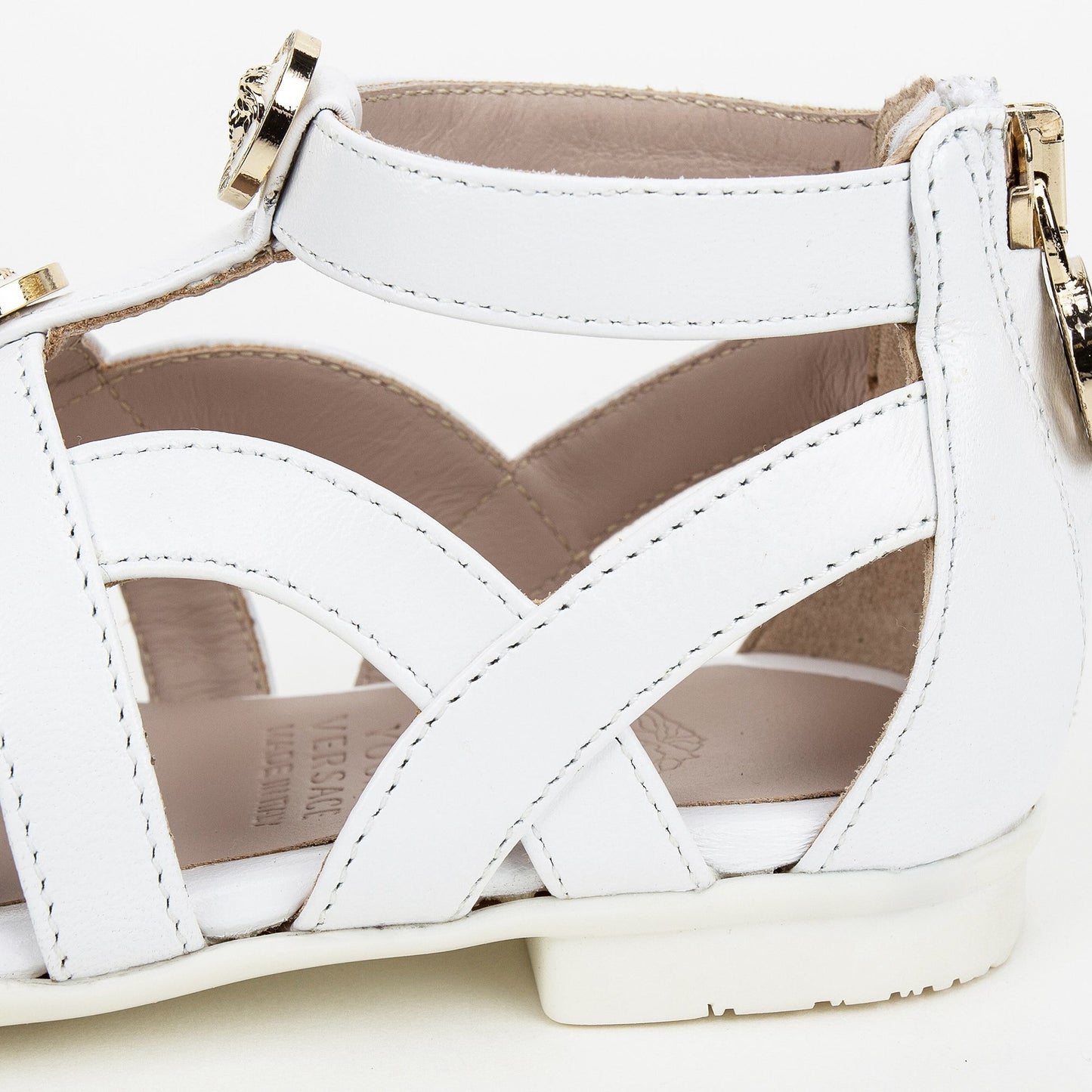 Girls White Sandals With Gold Medusa Logo