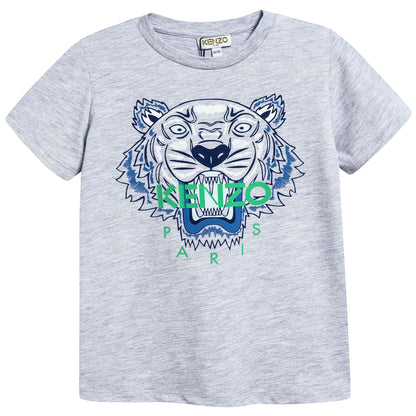 Boys Marl Grey Tiger Printed Cotton T-shirt