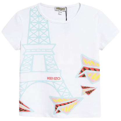 Girls White Eiffel Printed Cotton T-shirt