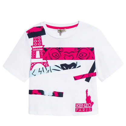 Girls White Logo Eiffel Cotton T-shirt