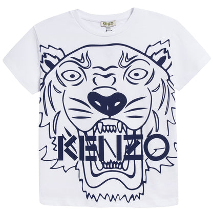 Boys White & Navy Tiger Printed Cotton T-shirt