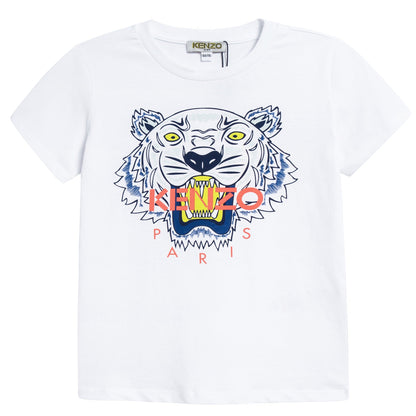 Boys White Tiger Printed Cotton T-shirt
