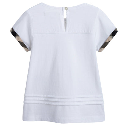 Girls White Pleat and Check Detail Cotton T-shirt