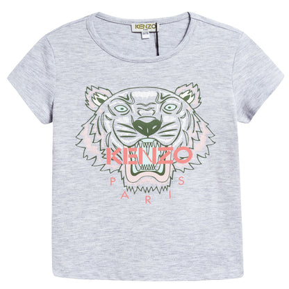Girls Grey Tiger Printed Cotton T-shirt