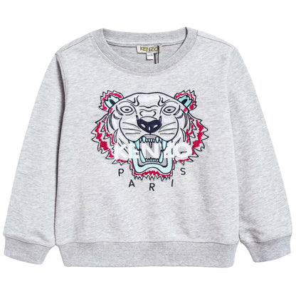 Girls Marl Grey Tiger Printed Cotton Sweater
