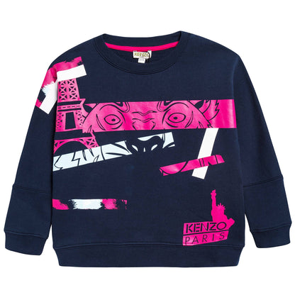 Girls White Printed Cotton Sweater