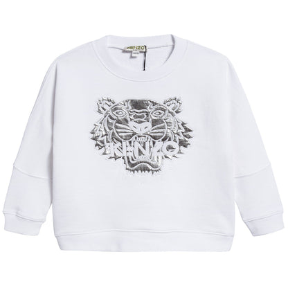 Girls White Tiger Printed Cotton Sweater