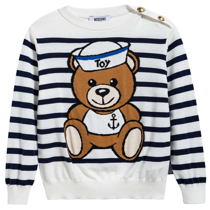 Girls White & Blue Striped Cotton Sweater