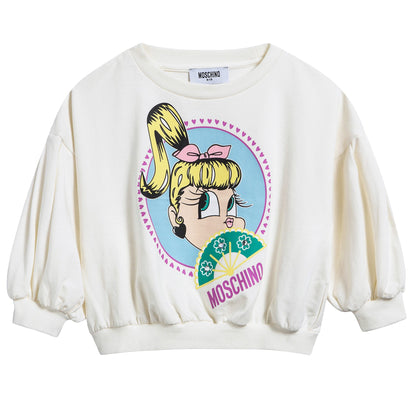 Girls White Cotton Printed Plush Sweater