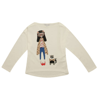 Girls White Fancy Printed Trims Cotton T-Shirt