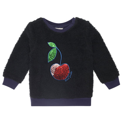 Girls Navy Blue Cherry Printed Fur Sweatshirt