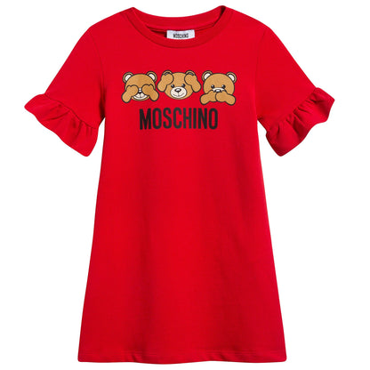 Girls Poppy Red Cotton Teddy Bear Dress