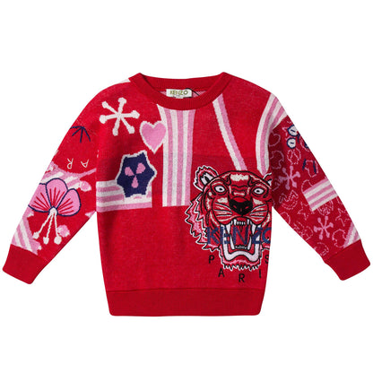 Girls Red Tiger Printed & Logo Sweater