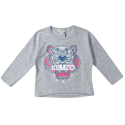 Girls Grey Tiger Printed Cotton T-Shirt