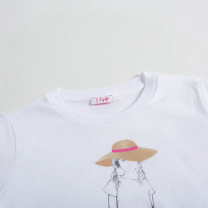 Girls White & Azalea Pink Printed Cotton T-shirt