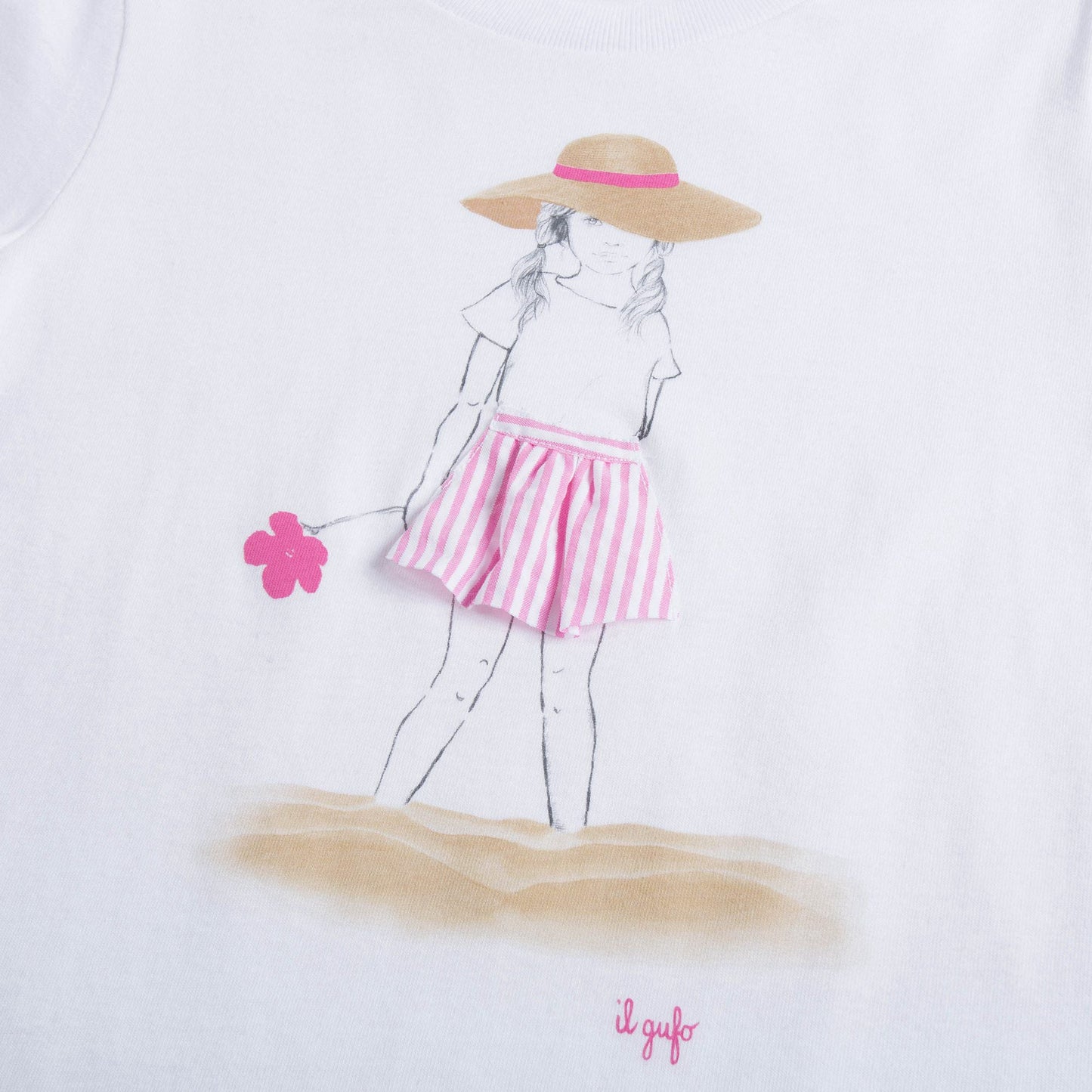 Girls White & Azalea Pink Printed Cotton T-shirt